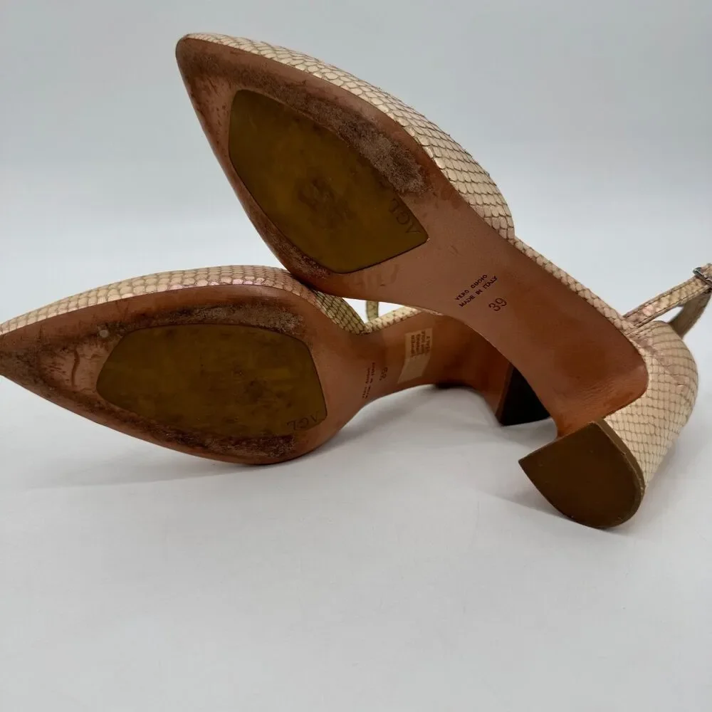 AGL D'Orsay Pink Pearlescent Snakeskin Ankle Strap Chunk Heels Size 9 US 39 EUR